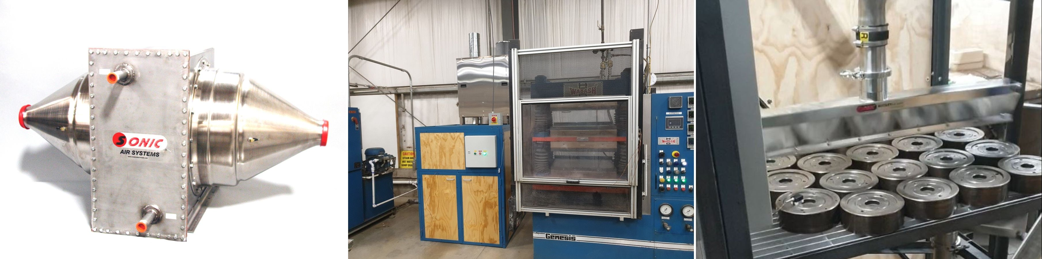 Sonic stainless steel in-line air cooling unit, the Genesis press at Boride, and steel mandrels cooling under a Sonic air knife